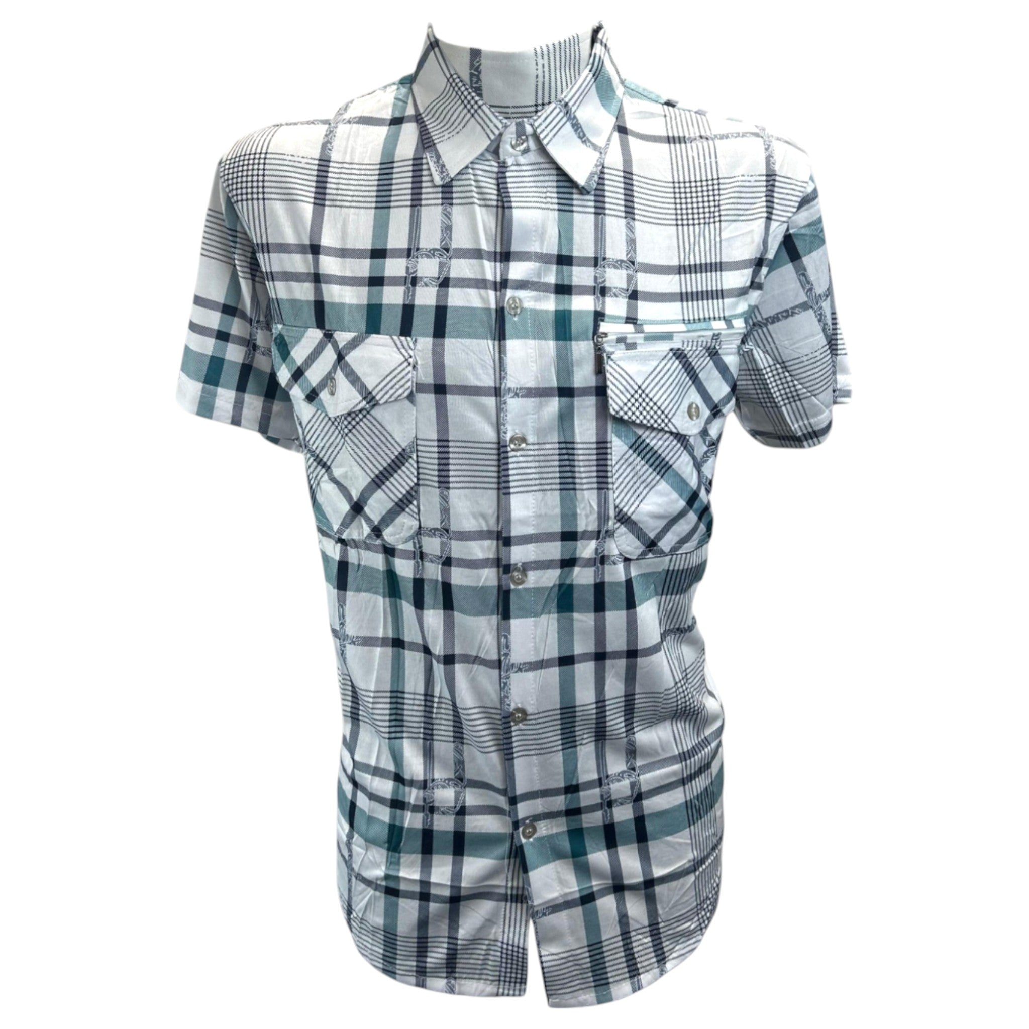 Men's short sleeve check shirt in white and green – button-up casual shirt with chest pockets